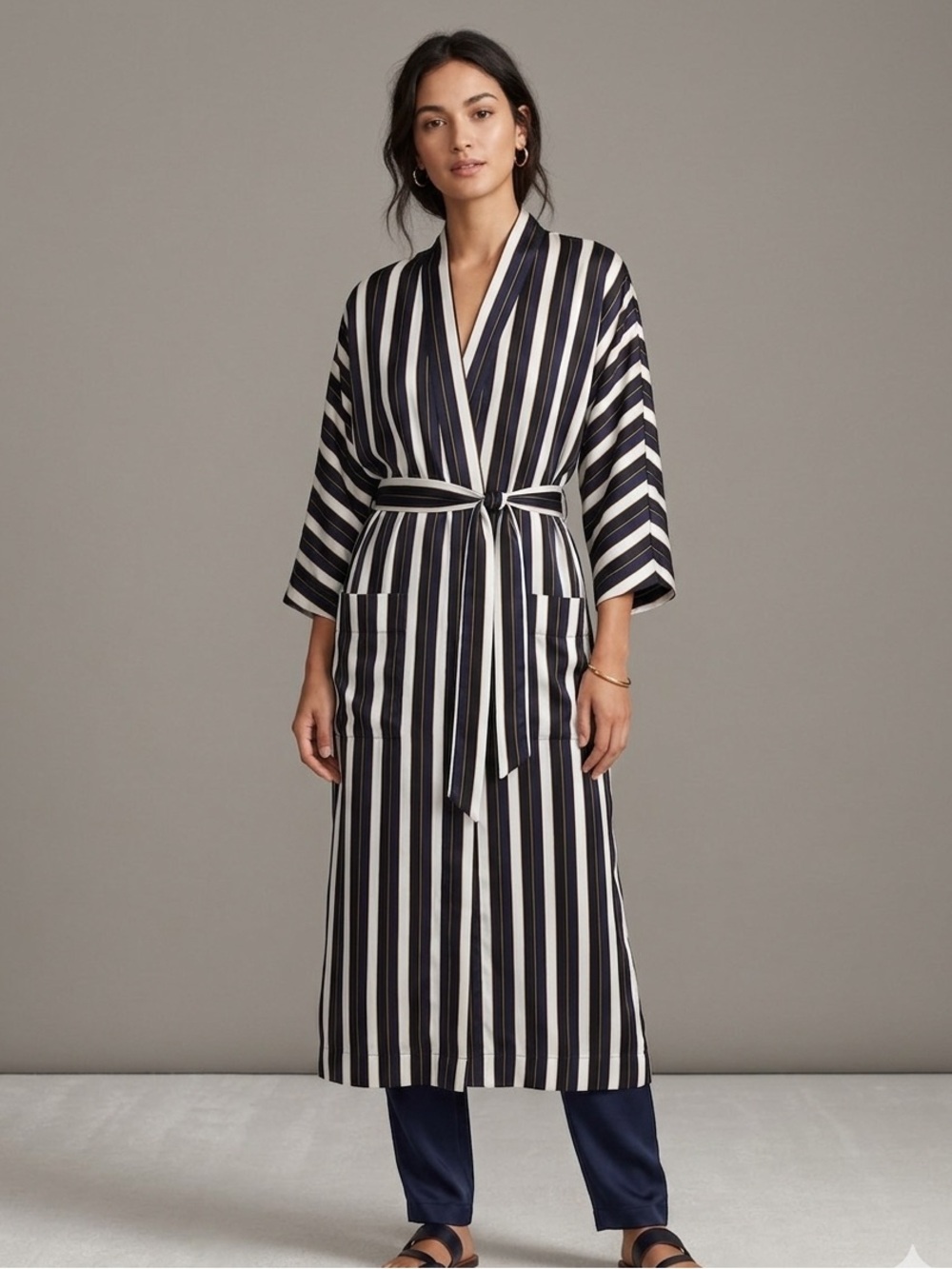 Aritzia Wilfred Sz XS Durante Satin Striped Long Belted Relaxed Kimono Jacket